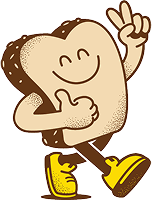 Smiling cartoon slice of gluten-free bread with yellow sneakers illustrated in a warm, playful style, holding a thumbs-up and a peace sign.